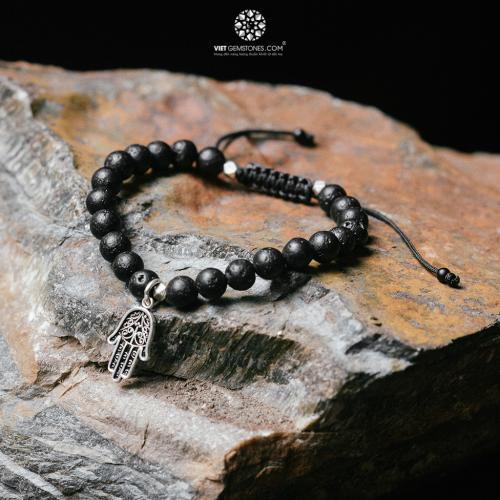 Vòng mala đá Obsidian phối charm bàn tay hamsa