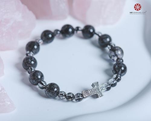 Vòng chuỗi Mân Côi đá Thạch Anh tóc đen