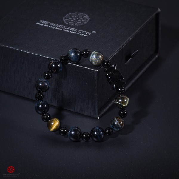Vòng Chuỗi Mân Côi Mắt Hổ xanh phối Obsidian 12mm