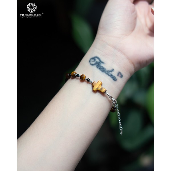 Lắc tay Mân Côi Mắt hổ vàng 6mm  charm bạc